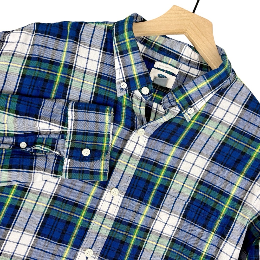 Old Navy Shirt Men XL Green Blue Plaid‎ Slim Fit Button Down Pocket Preppy